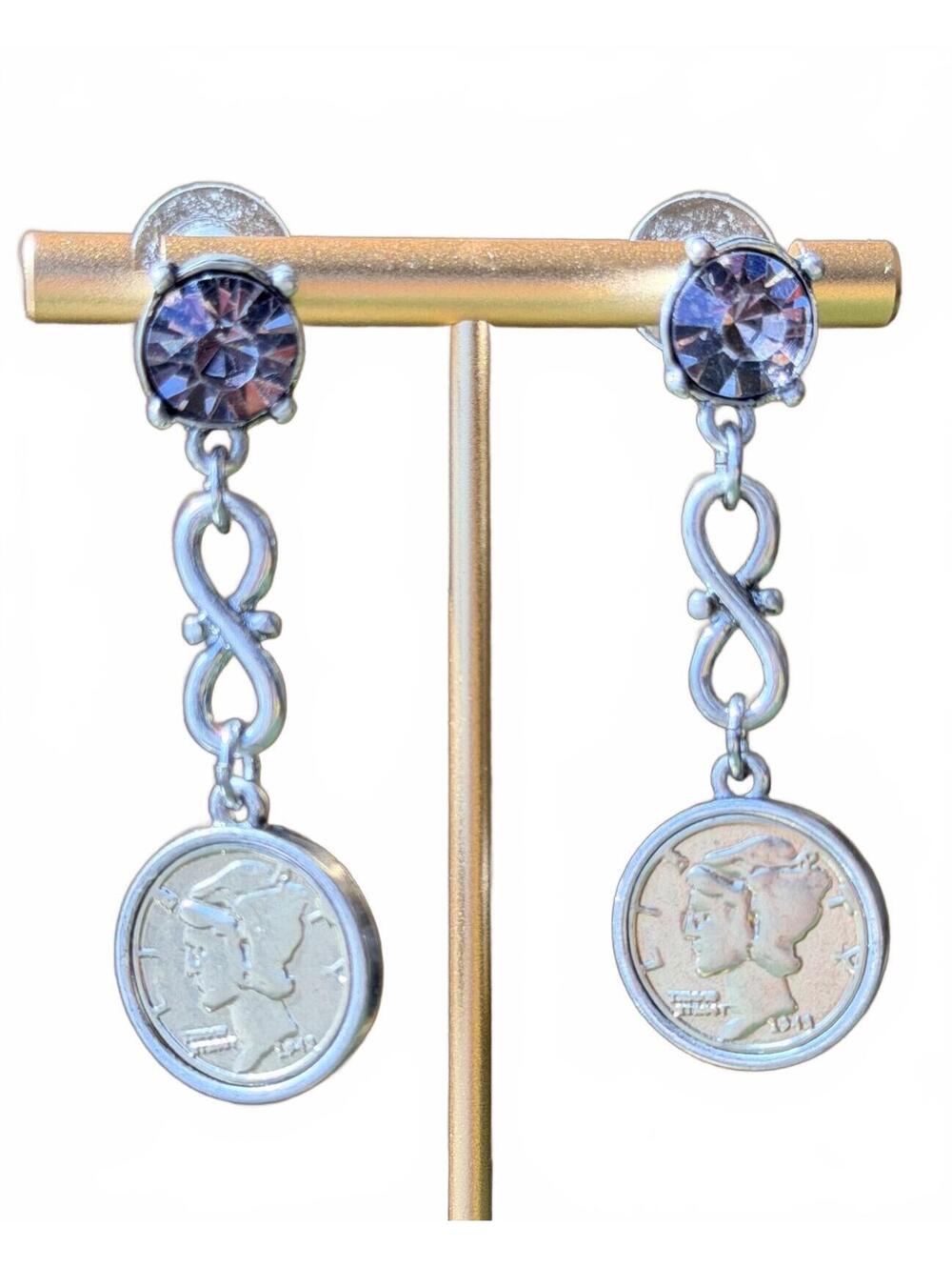 Y2K Mercury Dime Coin Drop Earrings Purple Rhinestone